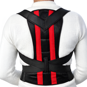 Person wearing a black and red posture corrector on a white background