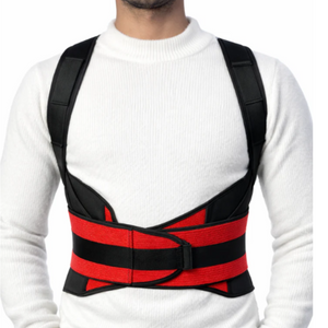 Person wearing a red and black back brace on a white background