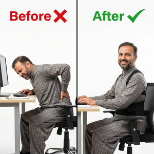 Before and after comparison of a man using ergonomic office furniture.