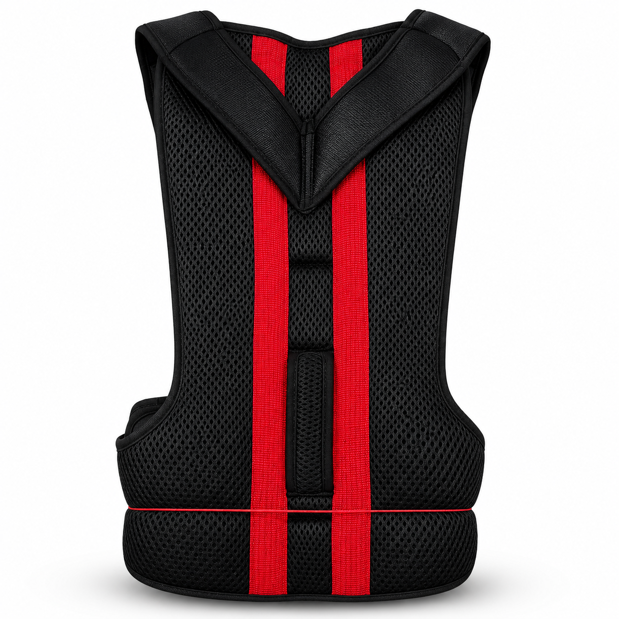 Black vest with red stripes on a white background