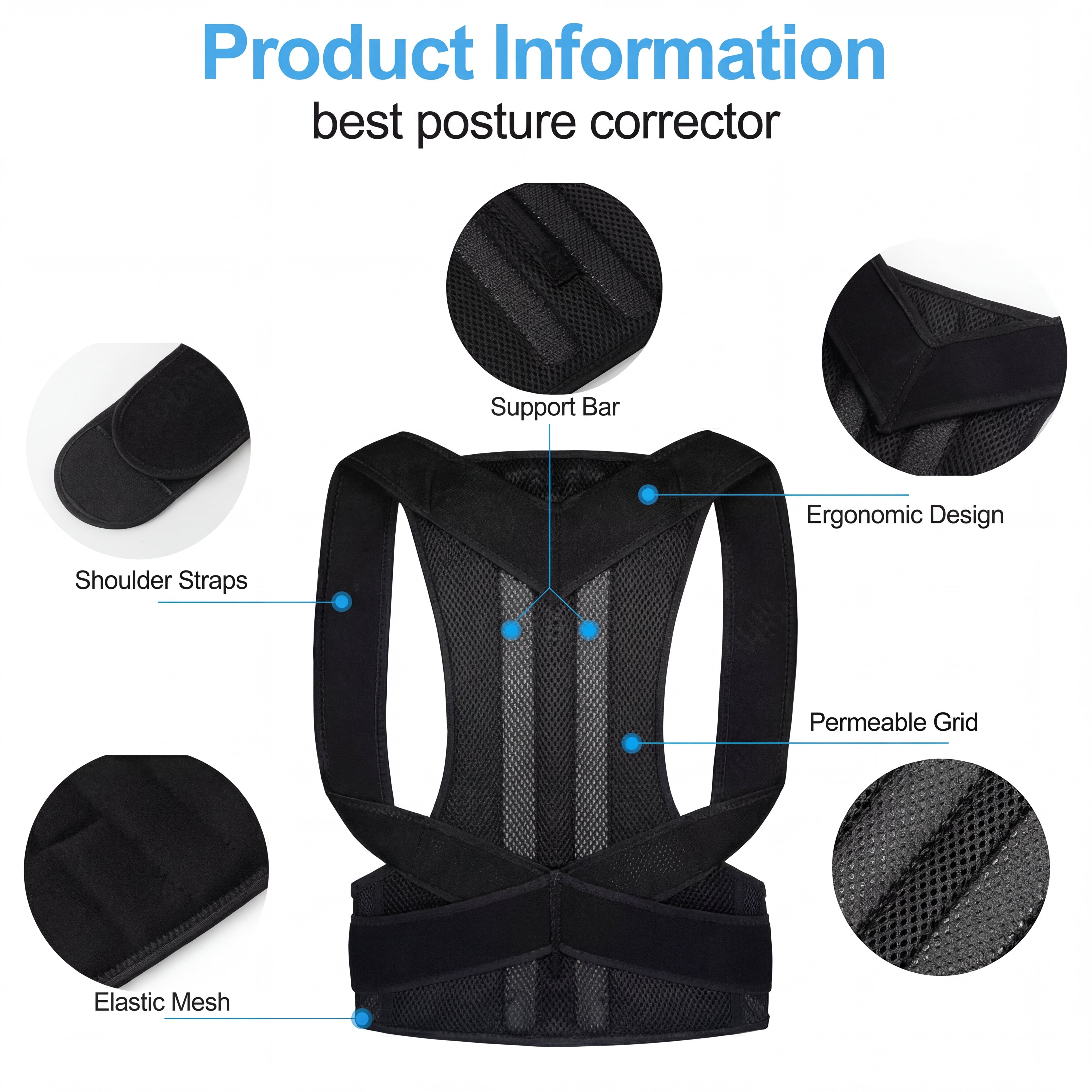Black posture corrector with labeled features on a white background